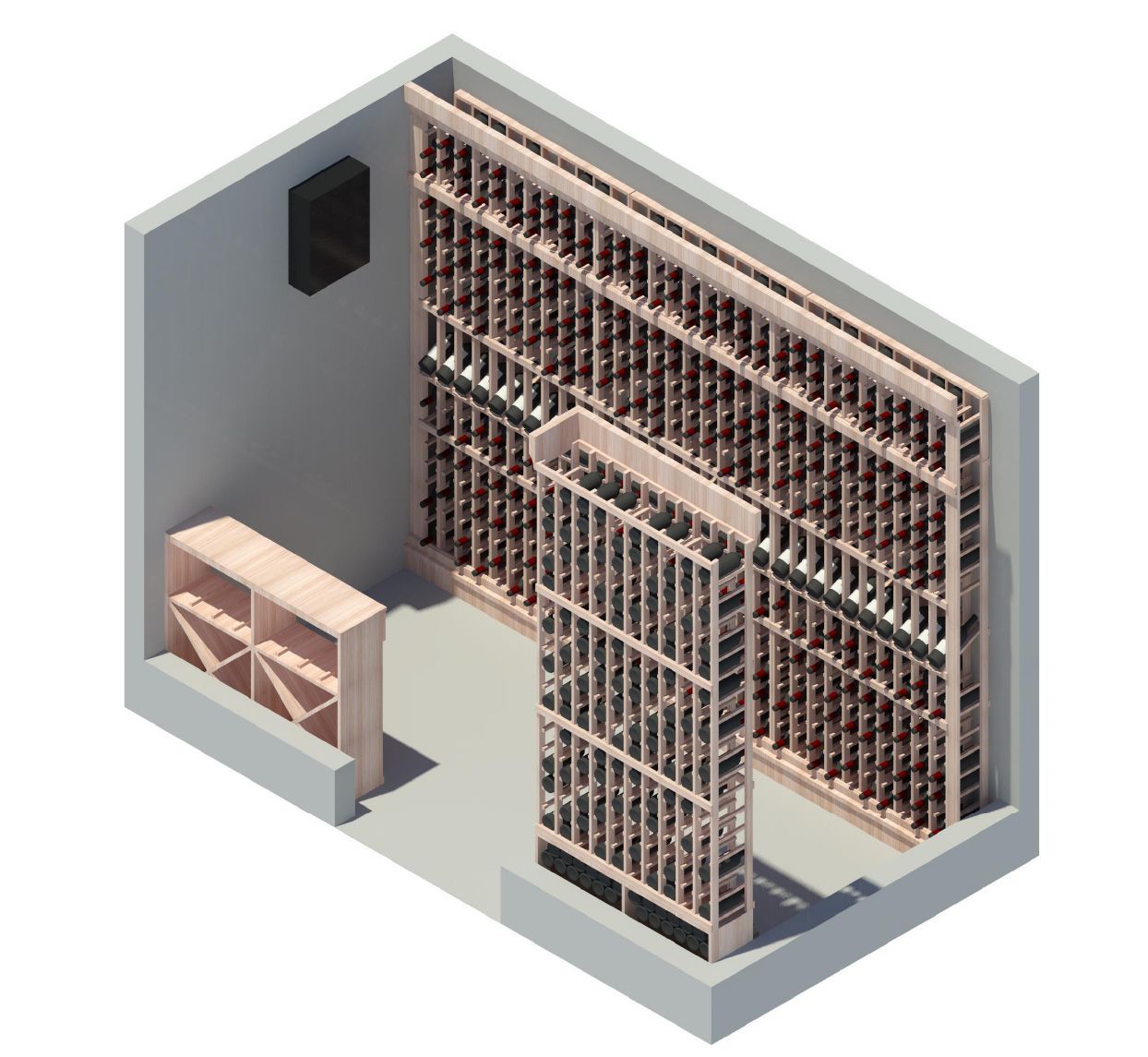 An isometric view of a room with lots of shelves