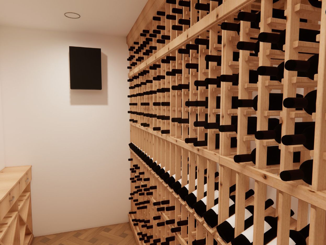 A wine cellar filled with lots of wine bottles on wooden shelves.