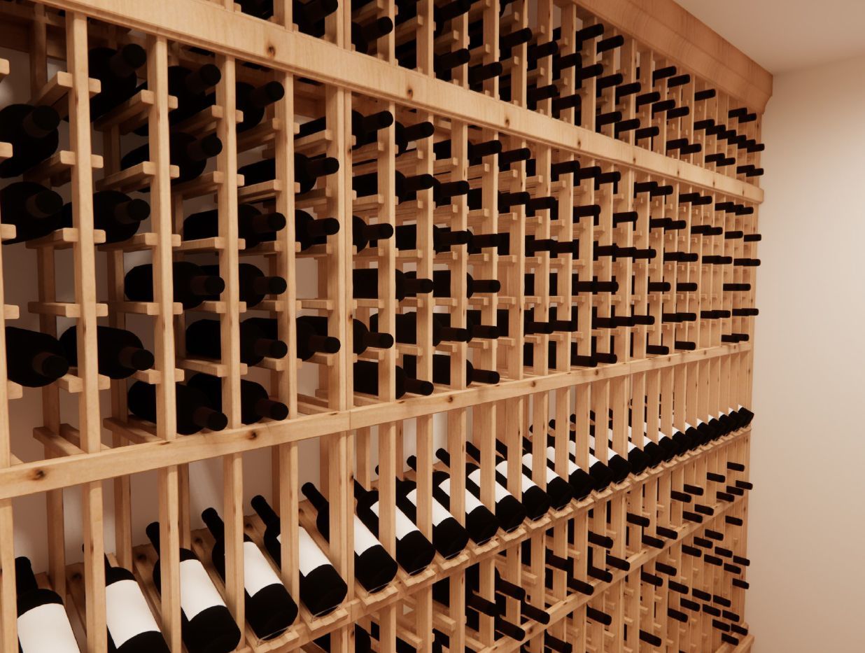 A wooden wine rack filled with bottles of wine