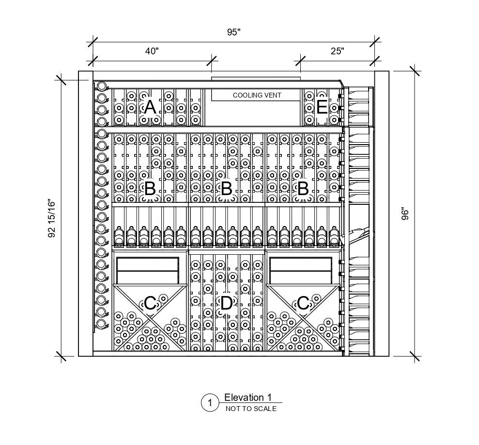 A black and white drawing of a building with measurements on a white background.
