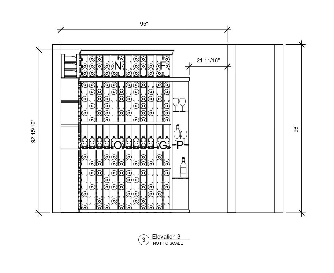 A black and white drawing of a building with measurements on a white background.