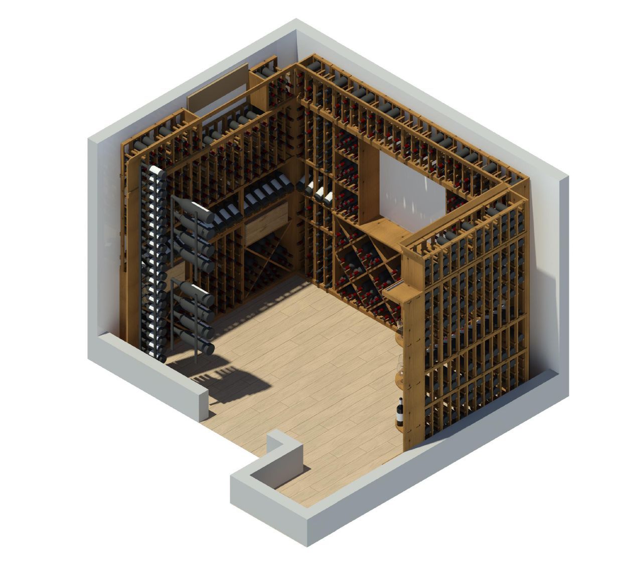 An isometric view of a wine cellar with wooden shelves