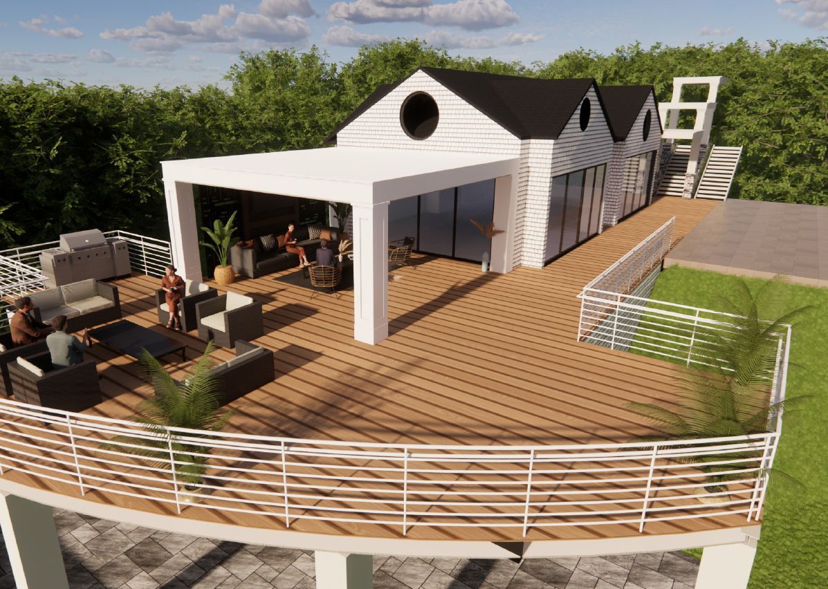 An aerial view of a house with a wooden deck and a pergola.