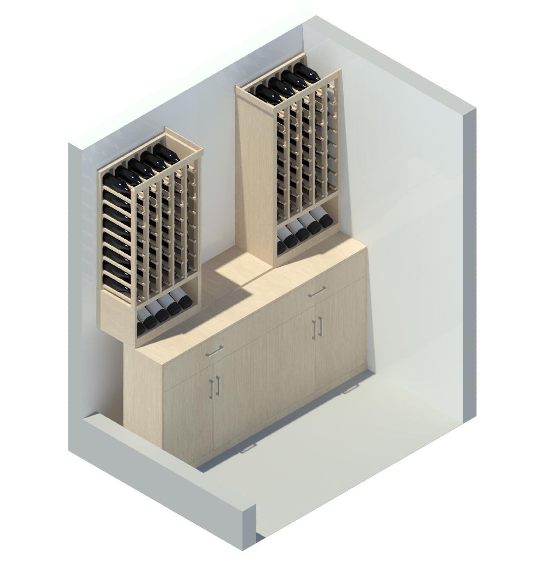 A 3d rendering of a room with two wine racks