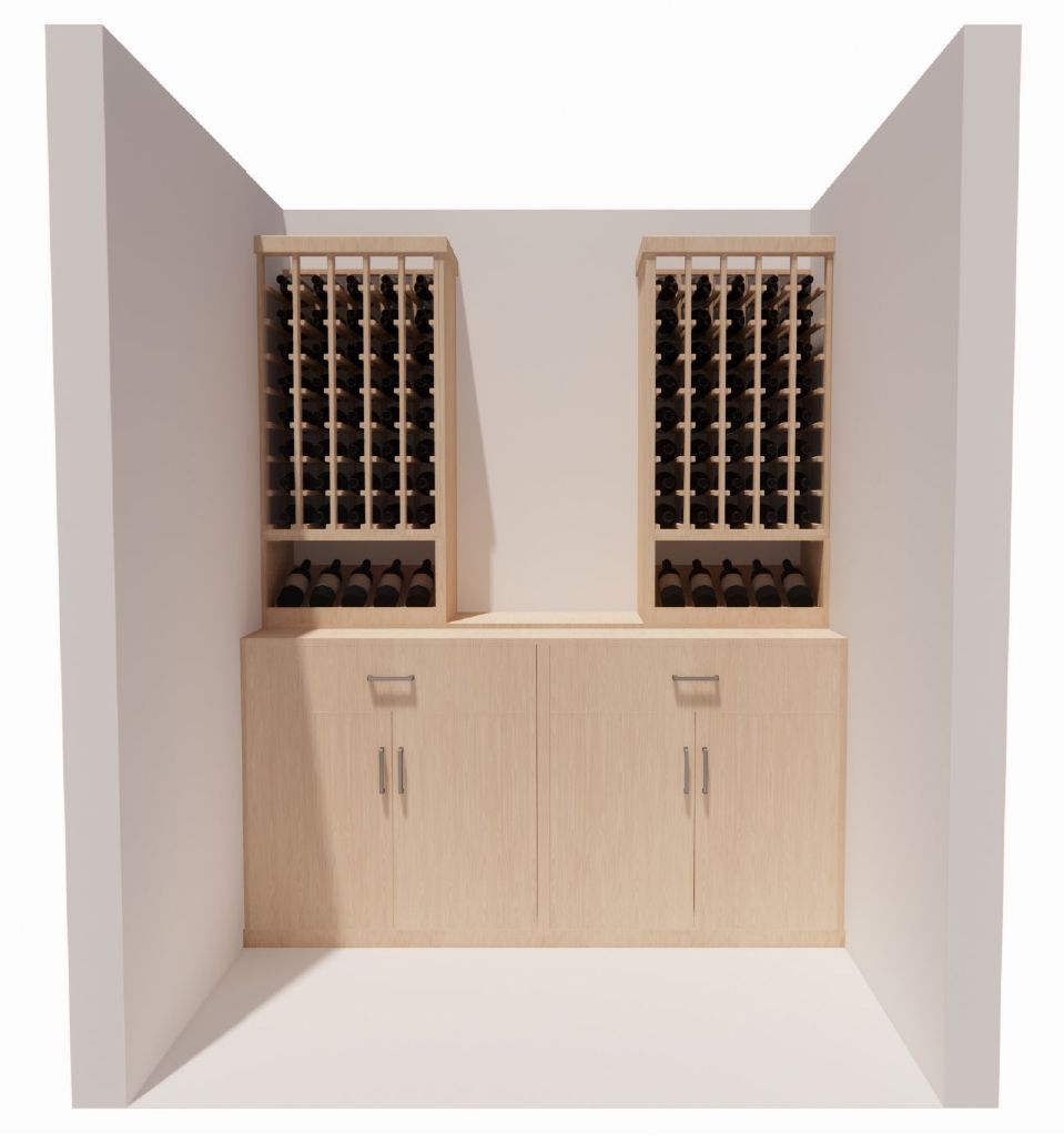 A model of a wine cellar with two shelves and two cabinets