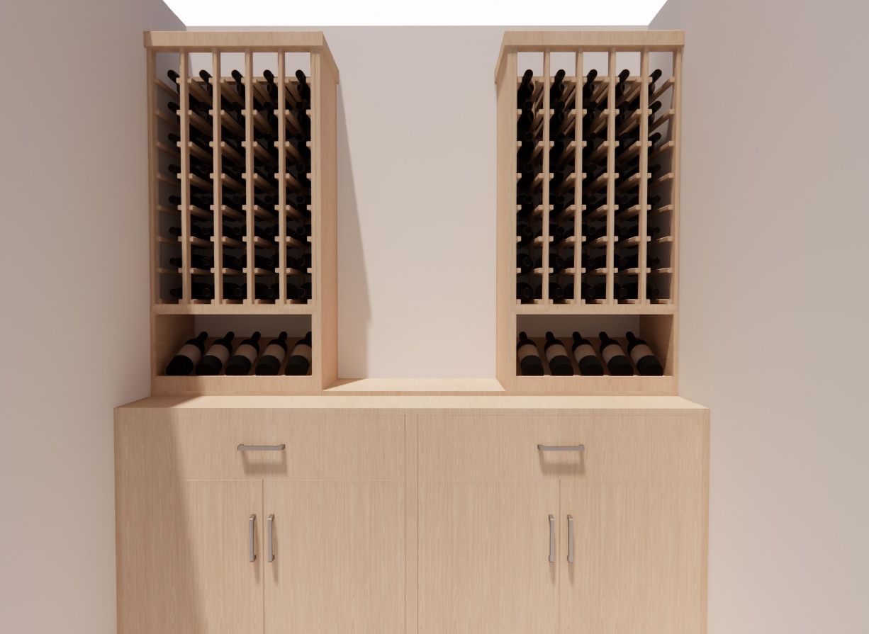 A wooden cabinet with two wine racks filled with wine bottles