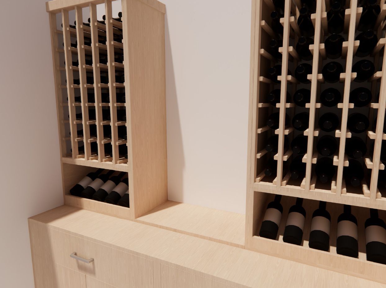 Two wooden wine racks filled with bottles of wine