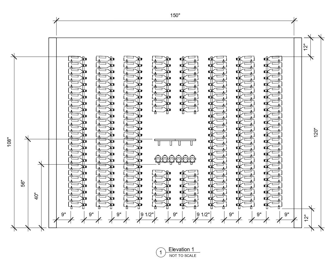 A black and white drawing of a parking lot