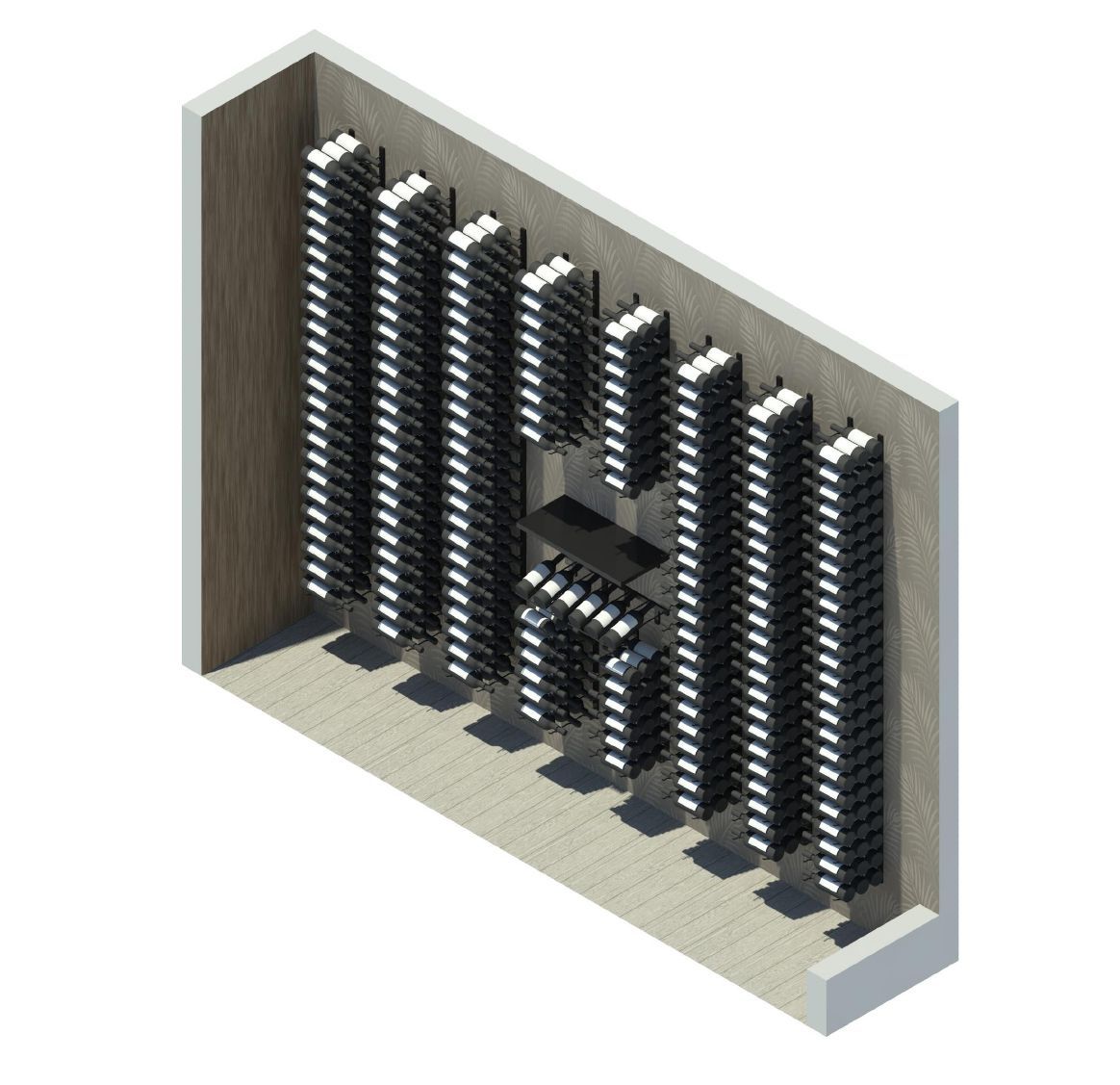 An isometric view of a wine cellar filled with lots of wine bottles