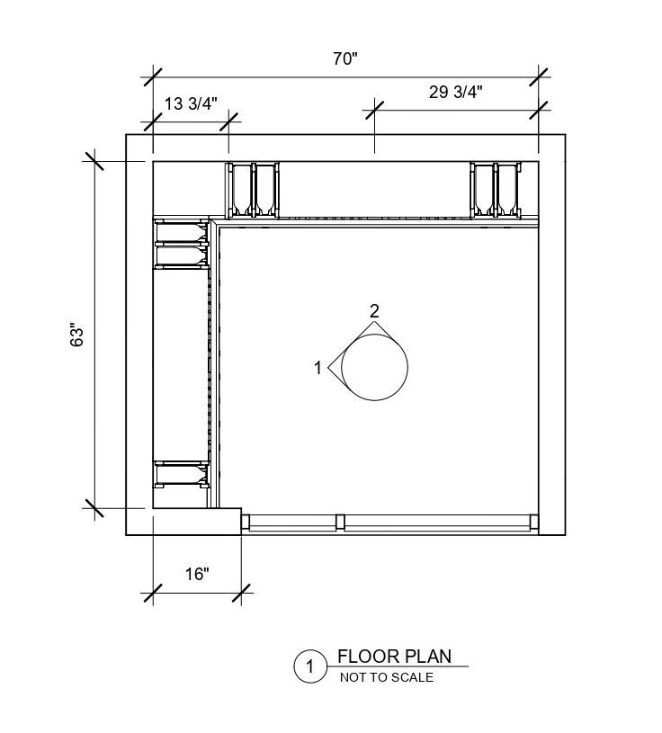 A black and white floor plan of a room with measurements.