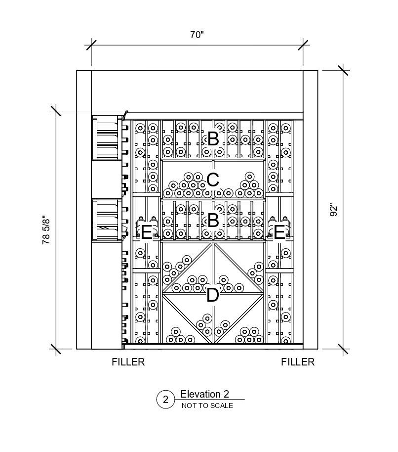 A black and white drawing of a wine cellar with measurements.