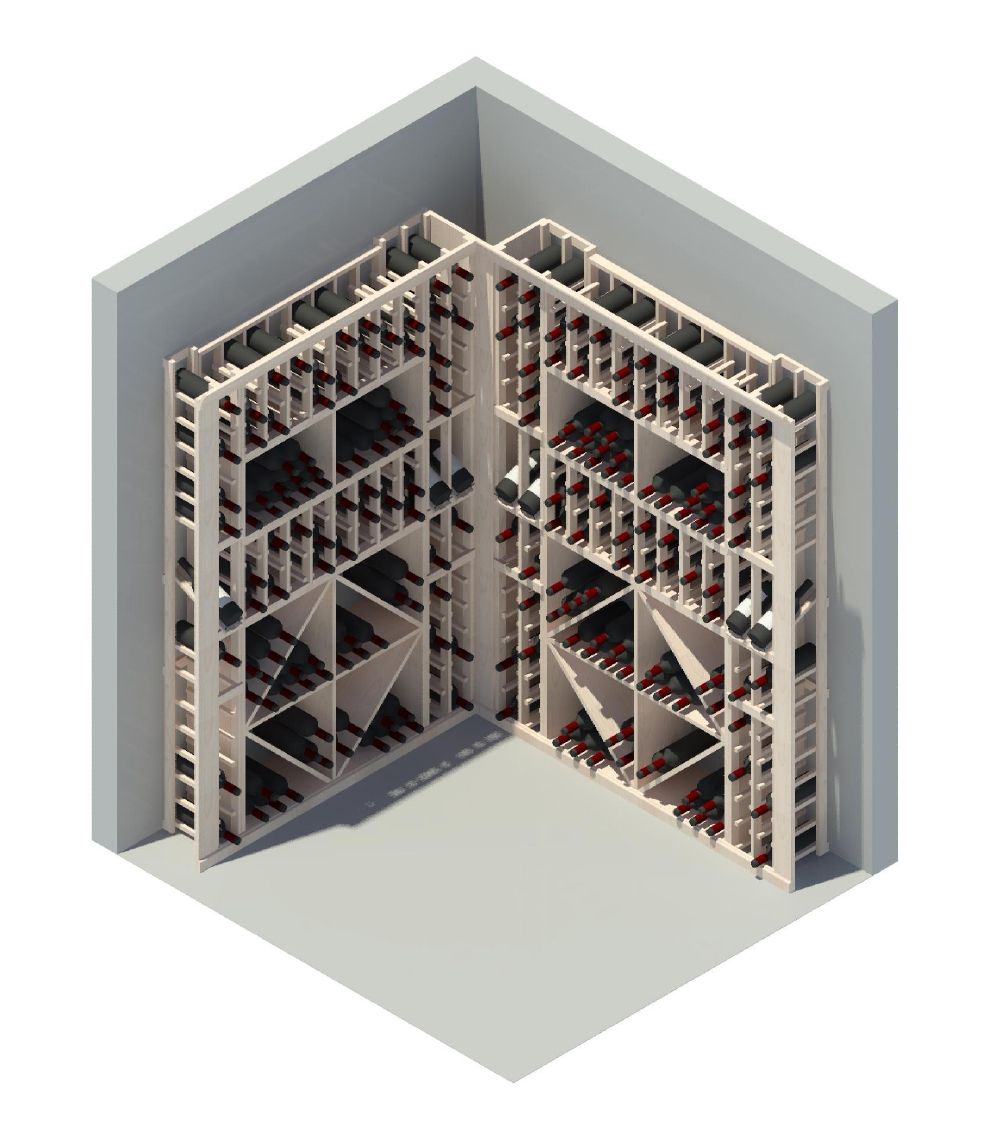 An isometric view of a wine cellar filled with wine bottles.