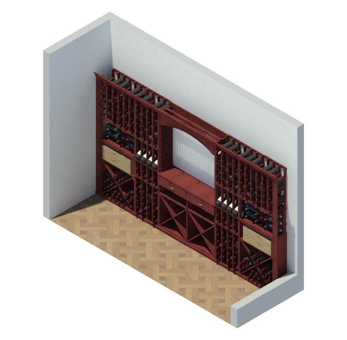 An isometric view of a wine cellar with a wooden floor