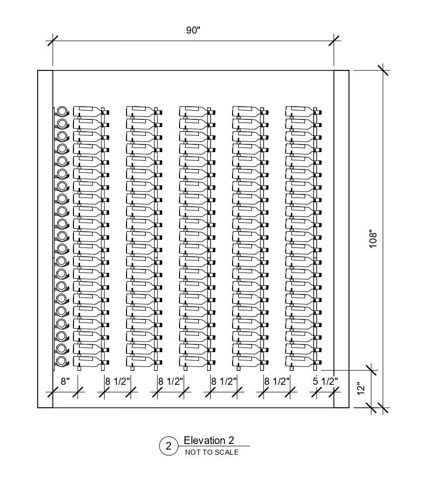 A black and white drawing of a wine rack with measurements.