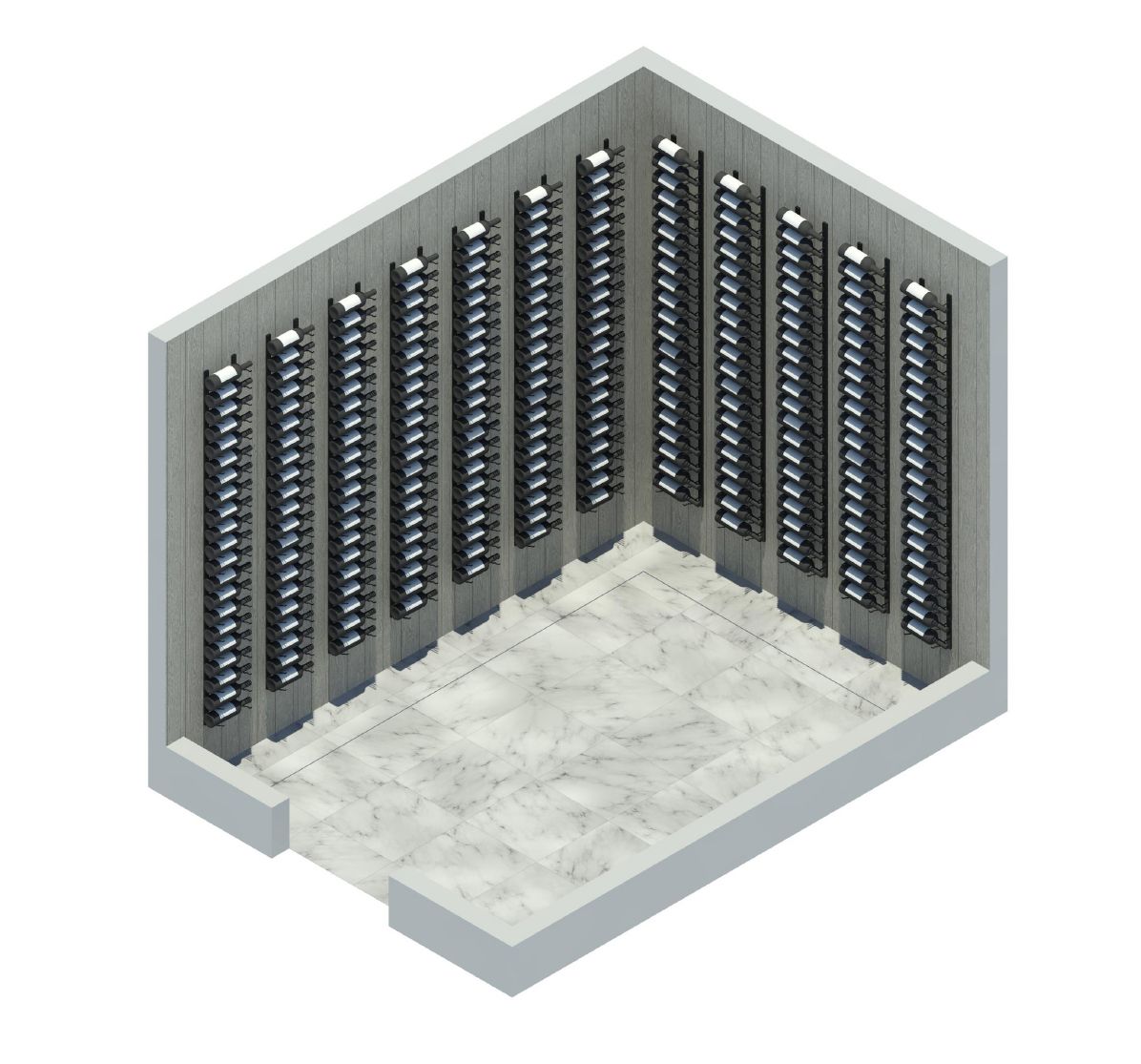 A room with a lot of shelves on the wall