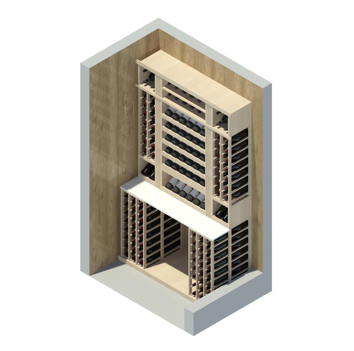A 3d rendering of a wine cellar with lots of shelves