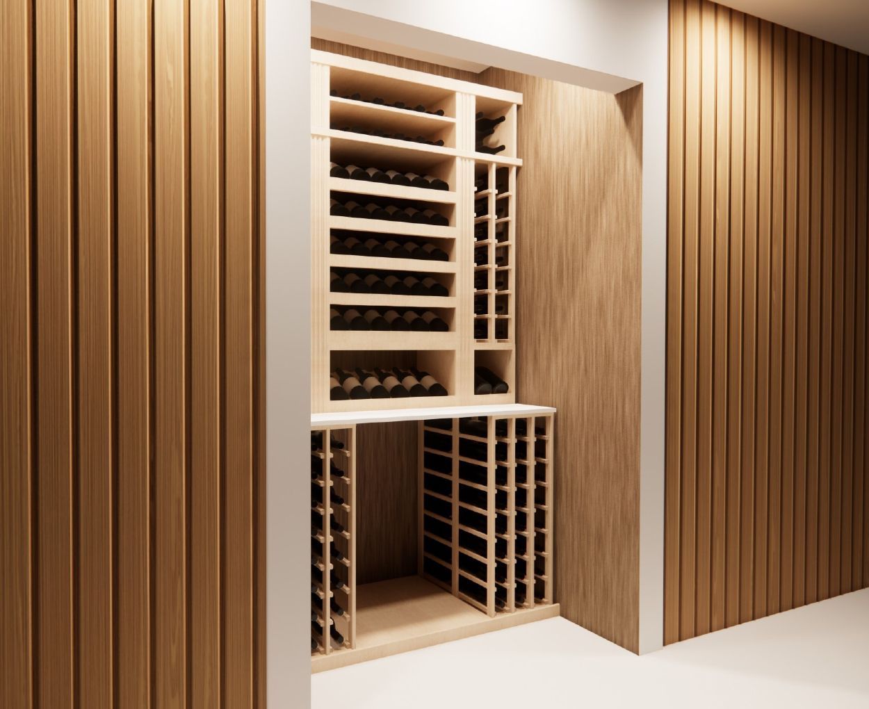 A wine cellar with wooden shelves filled with bottles of wine.