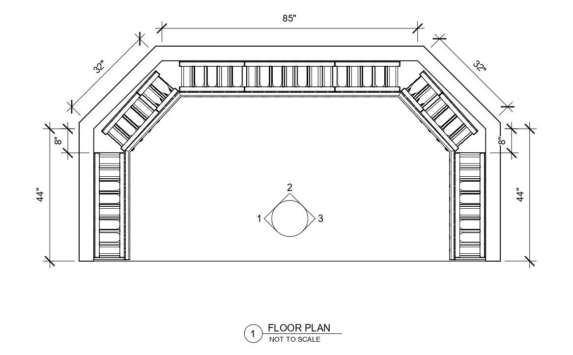 A black and white drawing of a room with stairs.