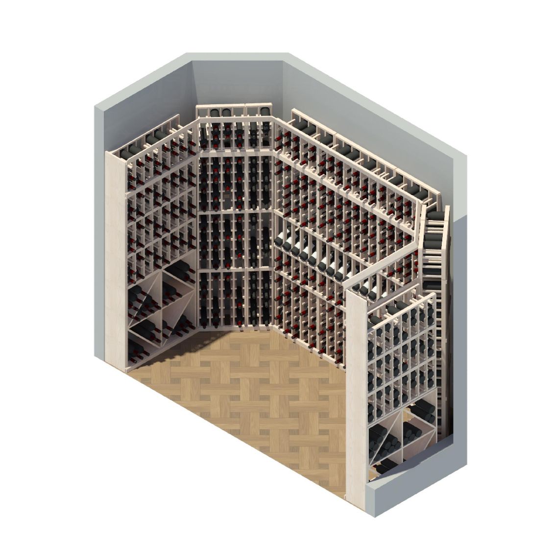 An isometric view of a wine cellar with a wooden floor