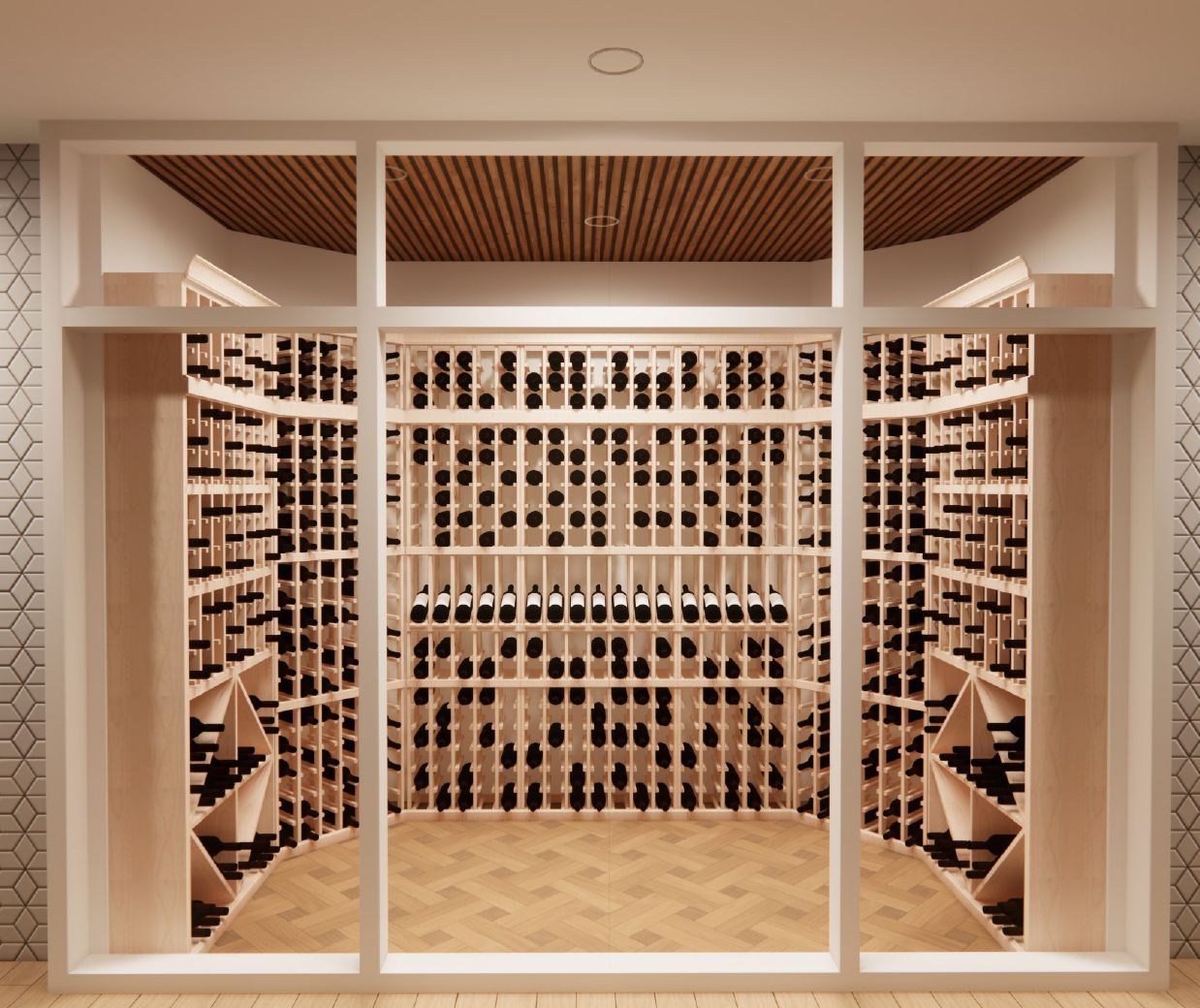 A wine cellar with lots of shelves and bottles