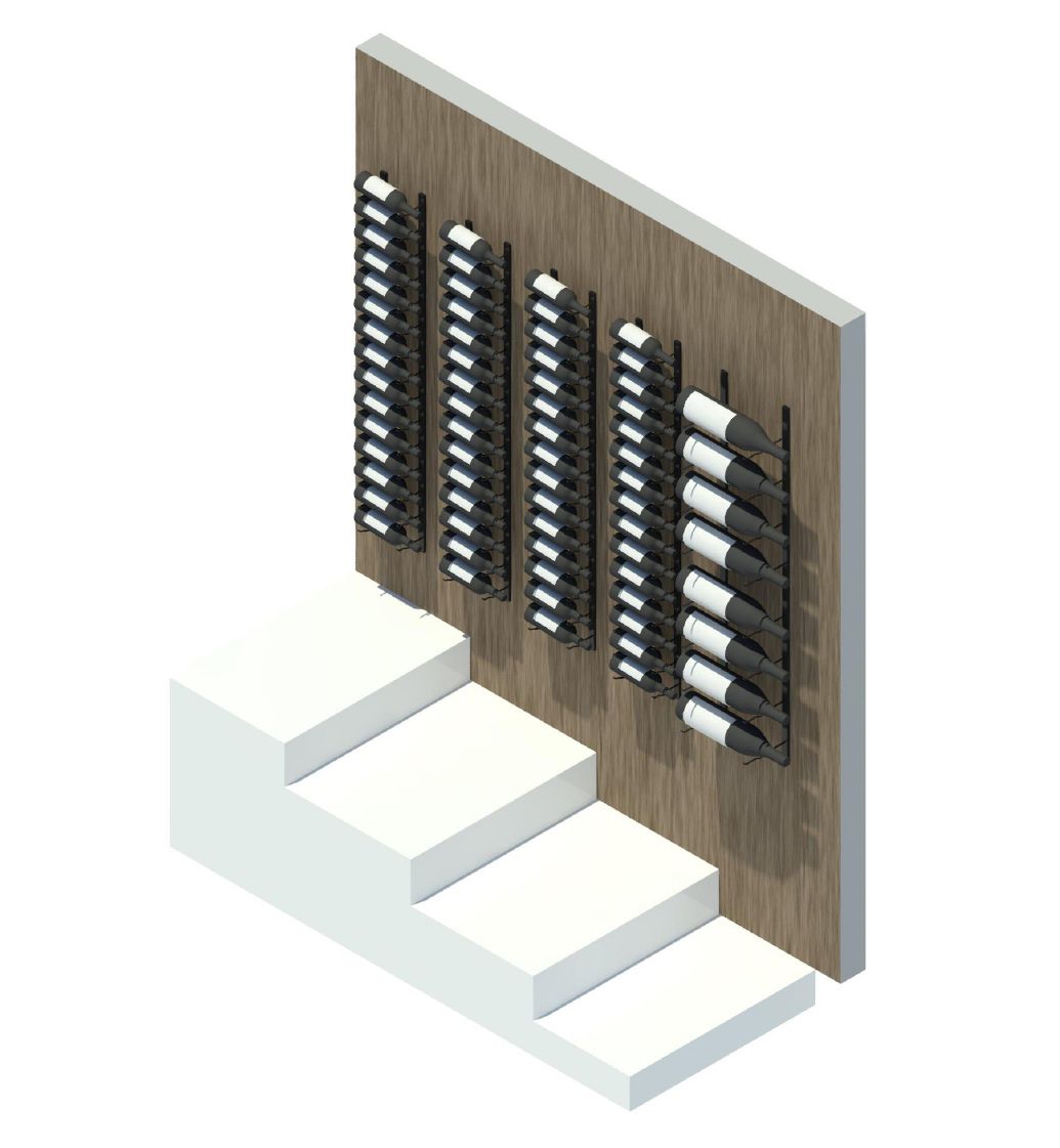An isometric view of a wine rack with stairs in front of it.
