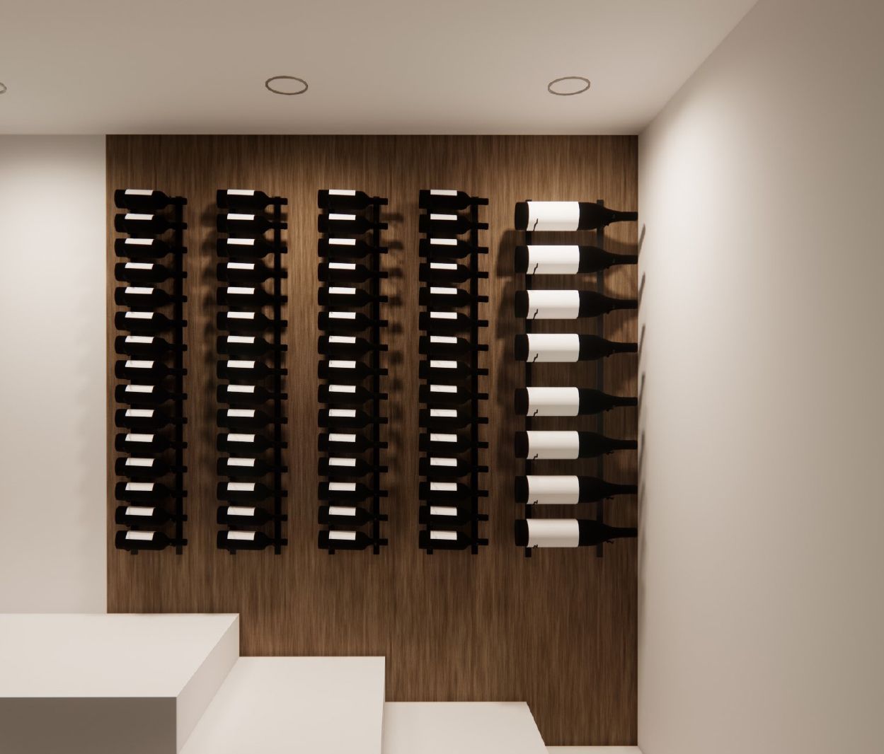 A row of wine bottles are lined up on a wooden wall