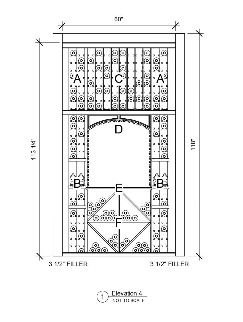 A black and white drawing of a building with measurements on a white background.