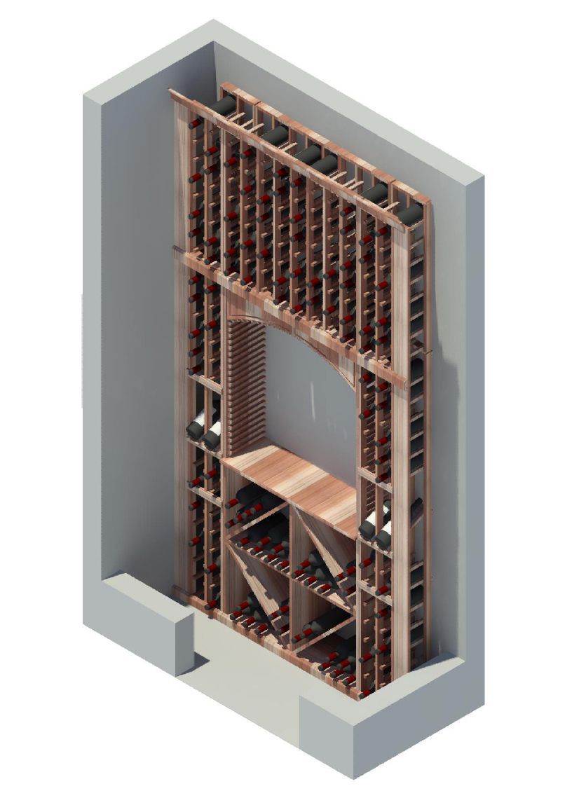 An isometric view of a wine cellar with wooden shelves filled with wine bottles.