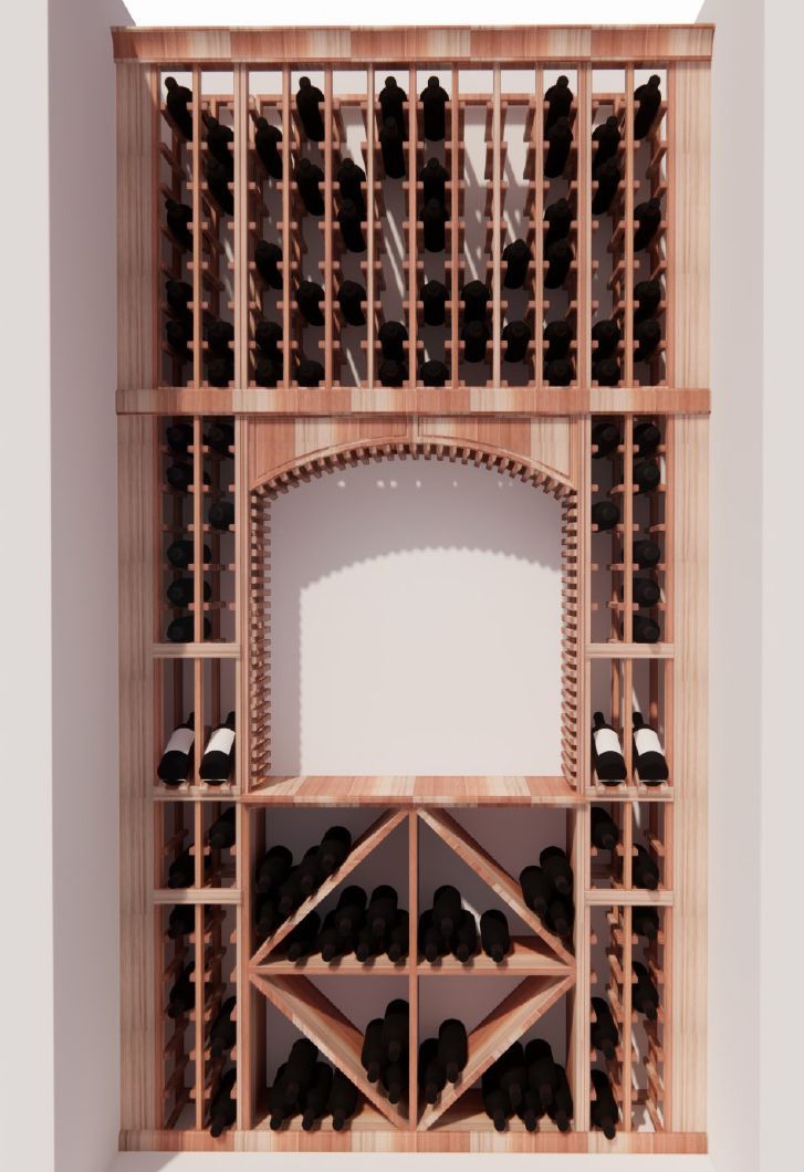 A wooden wine rack filled with bottles of wine