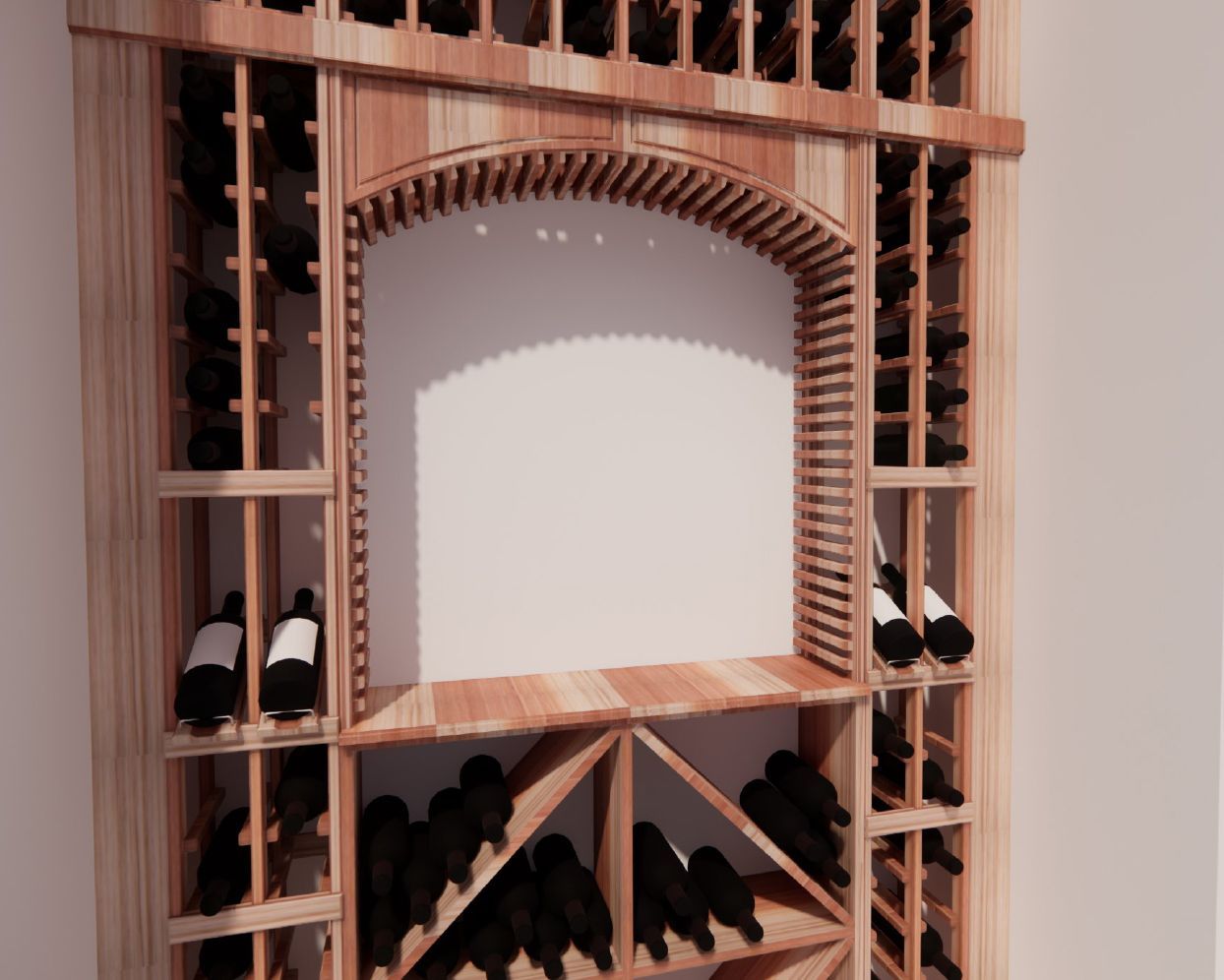 A wooden wine rack filled with bottles of wine