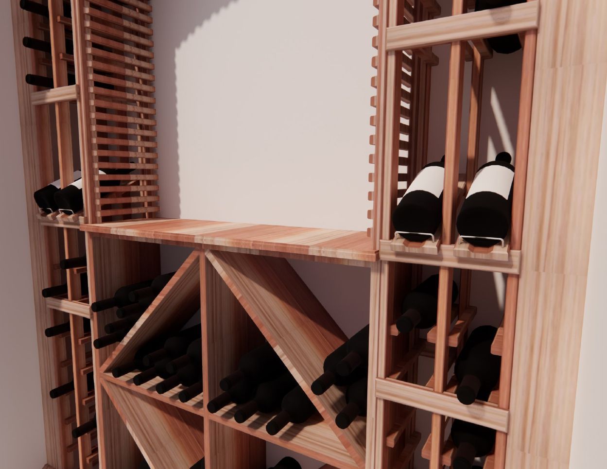 A wooden wine rack filled with bottles of wine