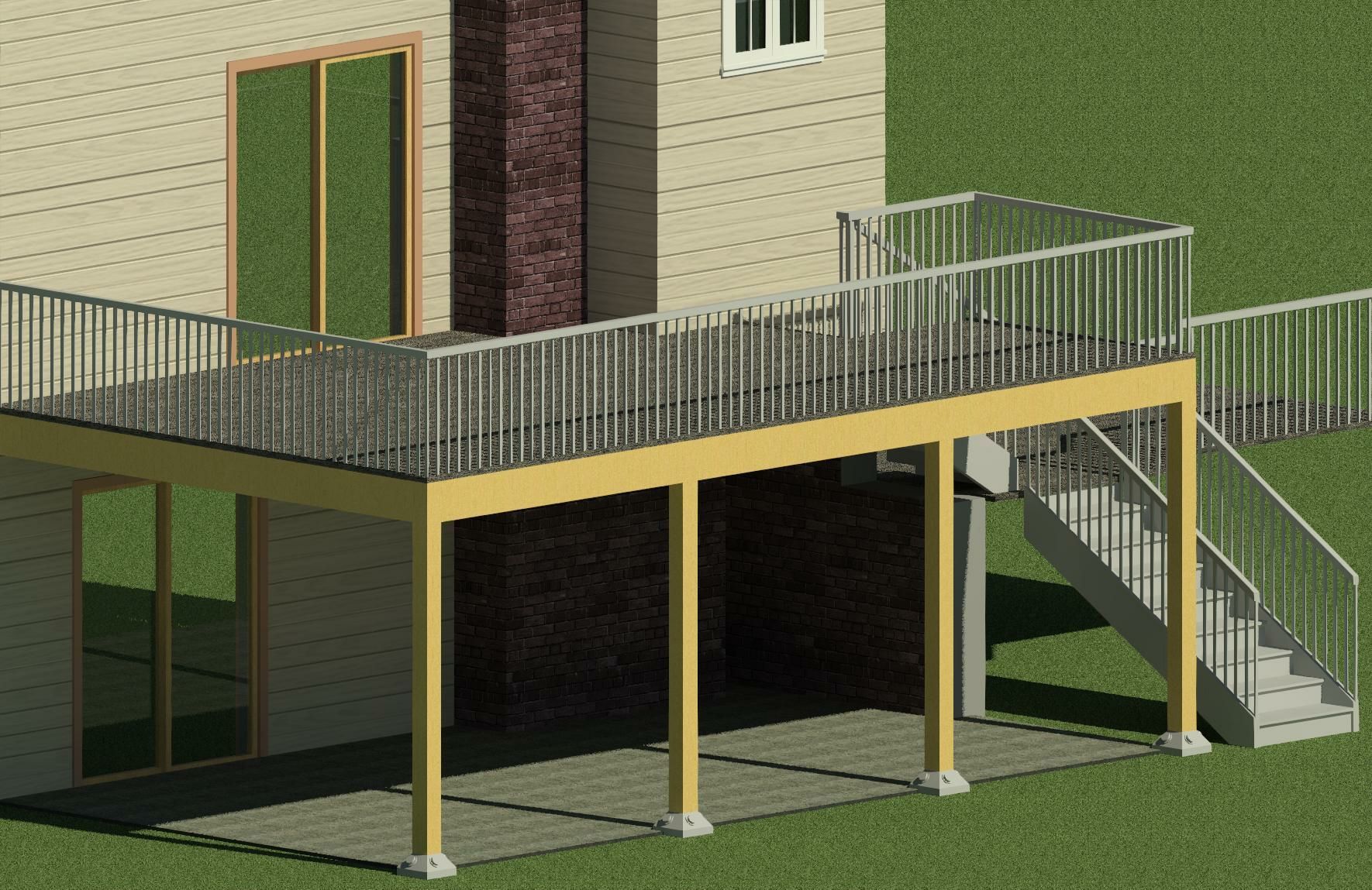 A 3d model of a house with a deck and stairs