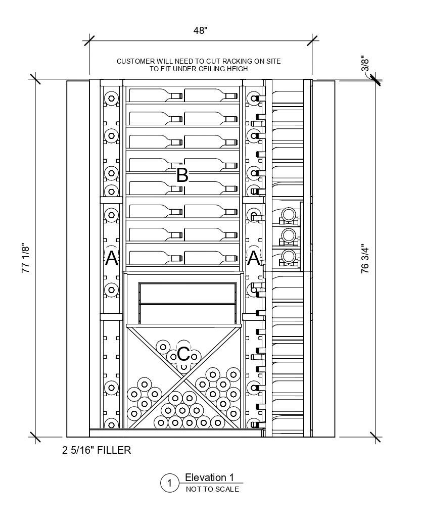 A black and white drawing of a building with measurements on a white background.