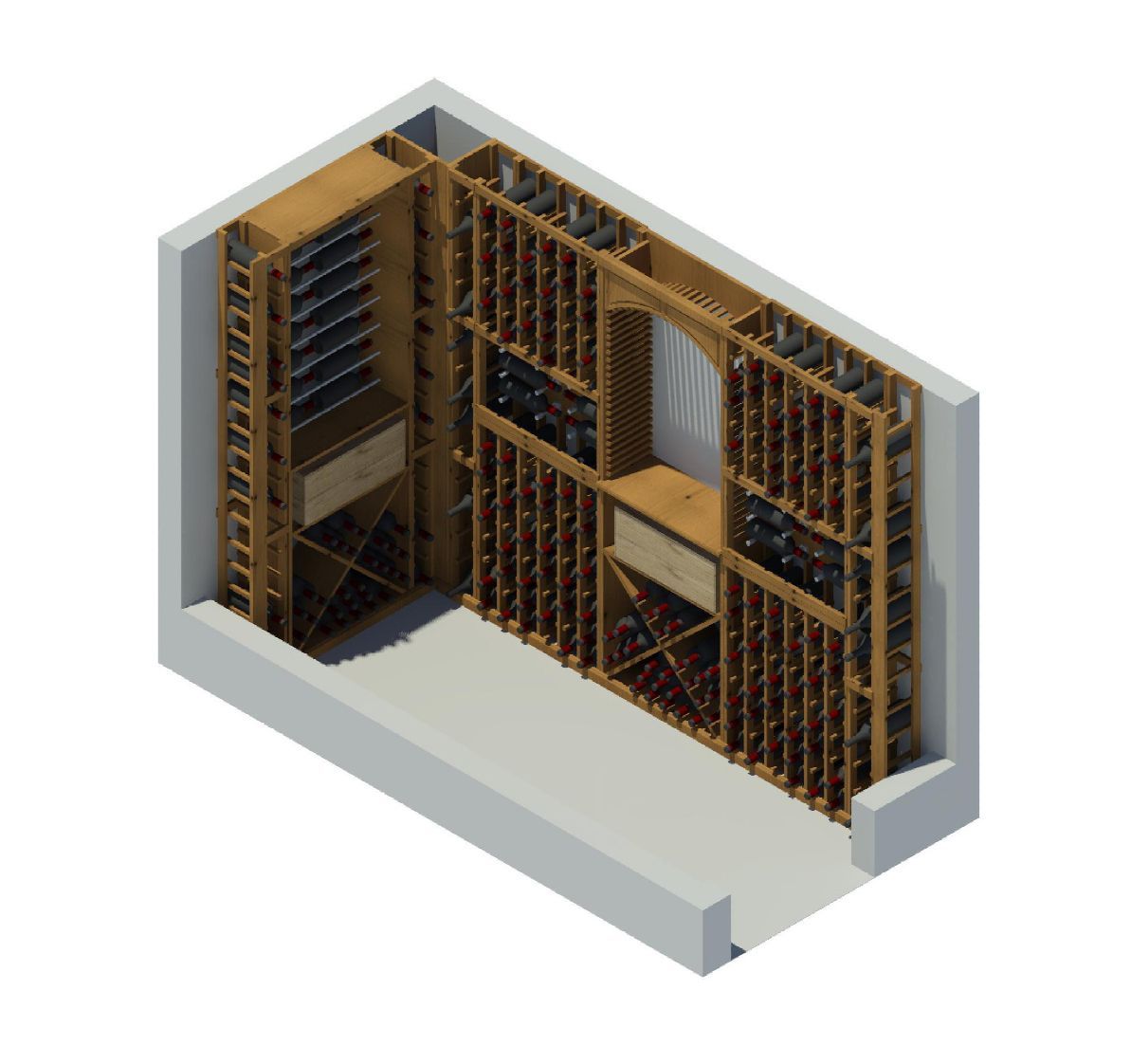 A 3d model of a wine cellar with wooden shelves
