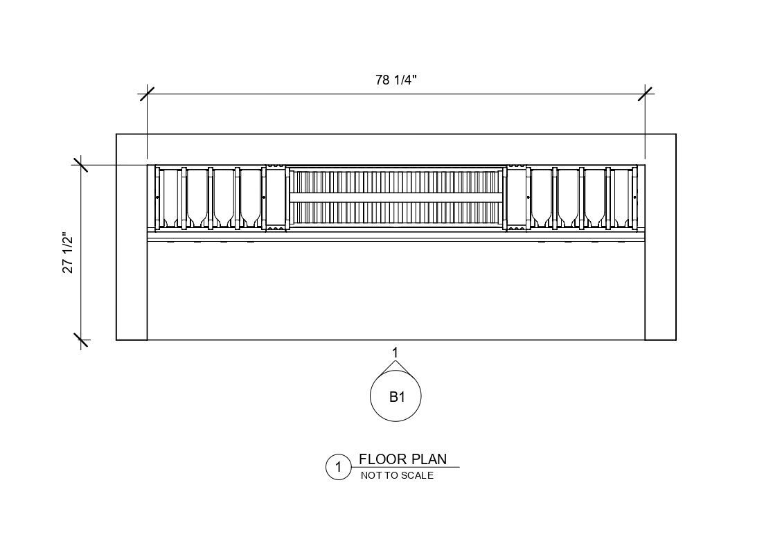 A black and white drawing of a building with measurements on a white background.