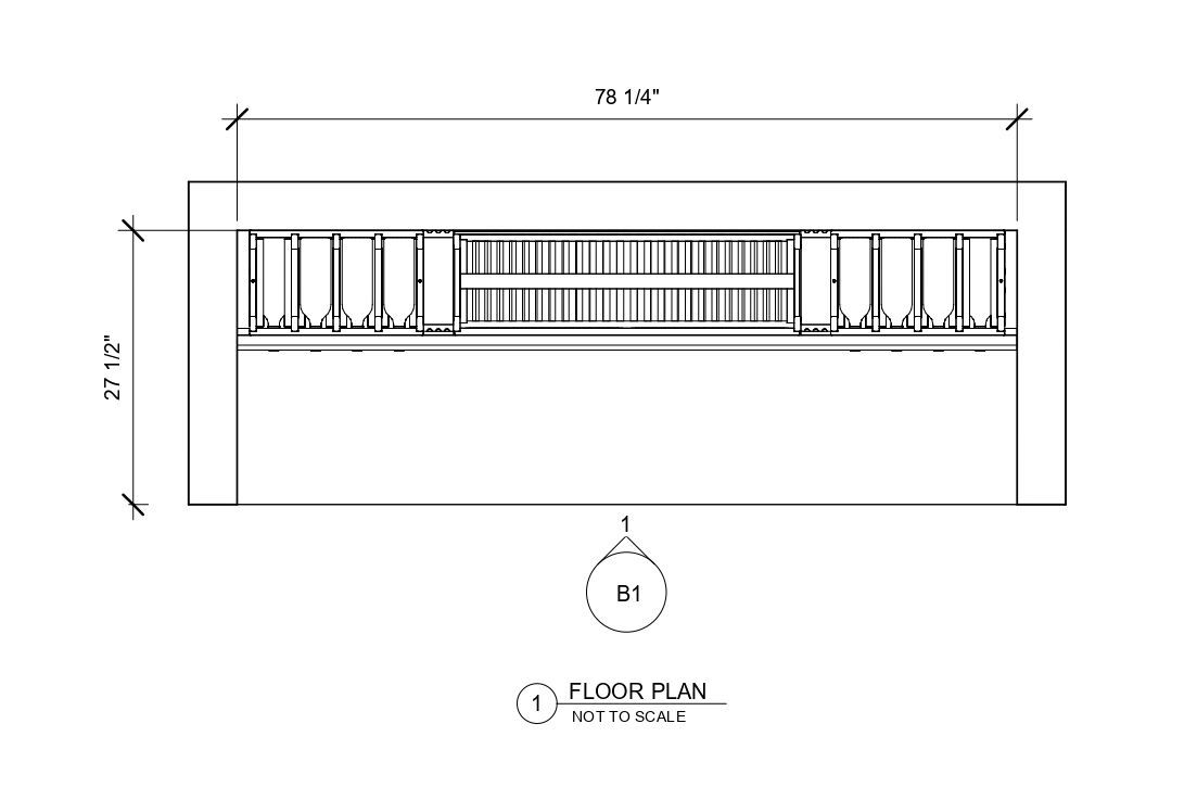 A black and white drawing of a shelf with measurements on a white background.