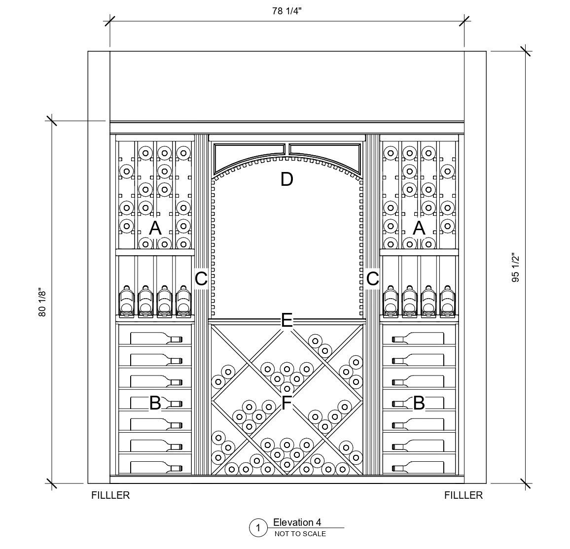 A black and white drawing of a wine cellar with measurements.