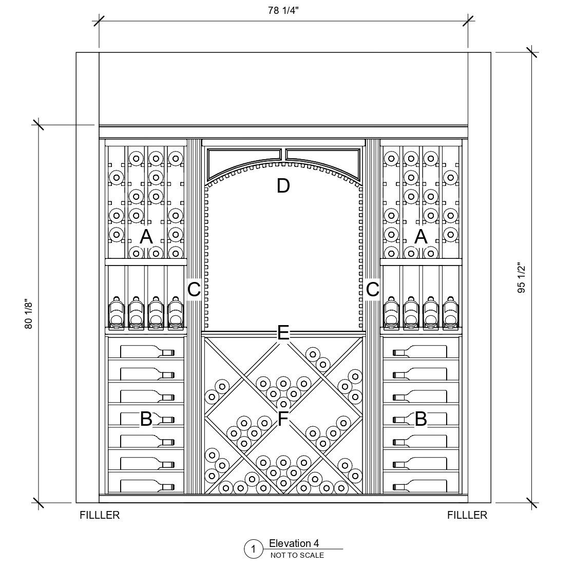 A black and white drawing of a wine cellar with a wine rack.