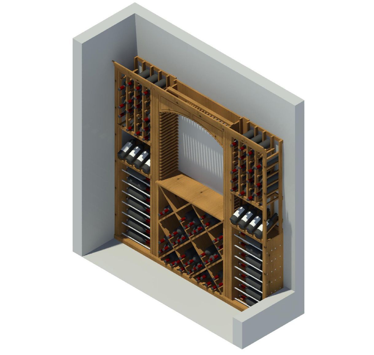 An isometric view of a wine cellar with bottles on shelves