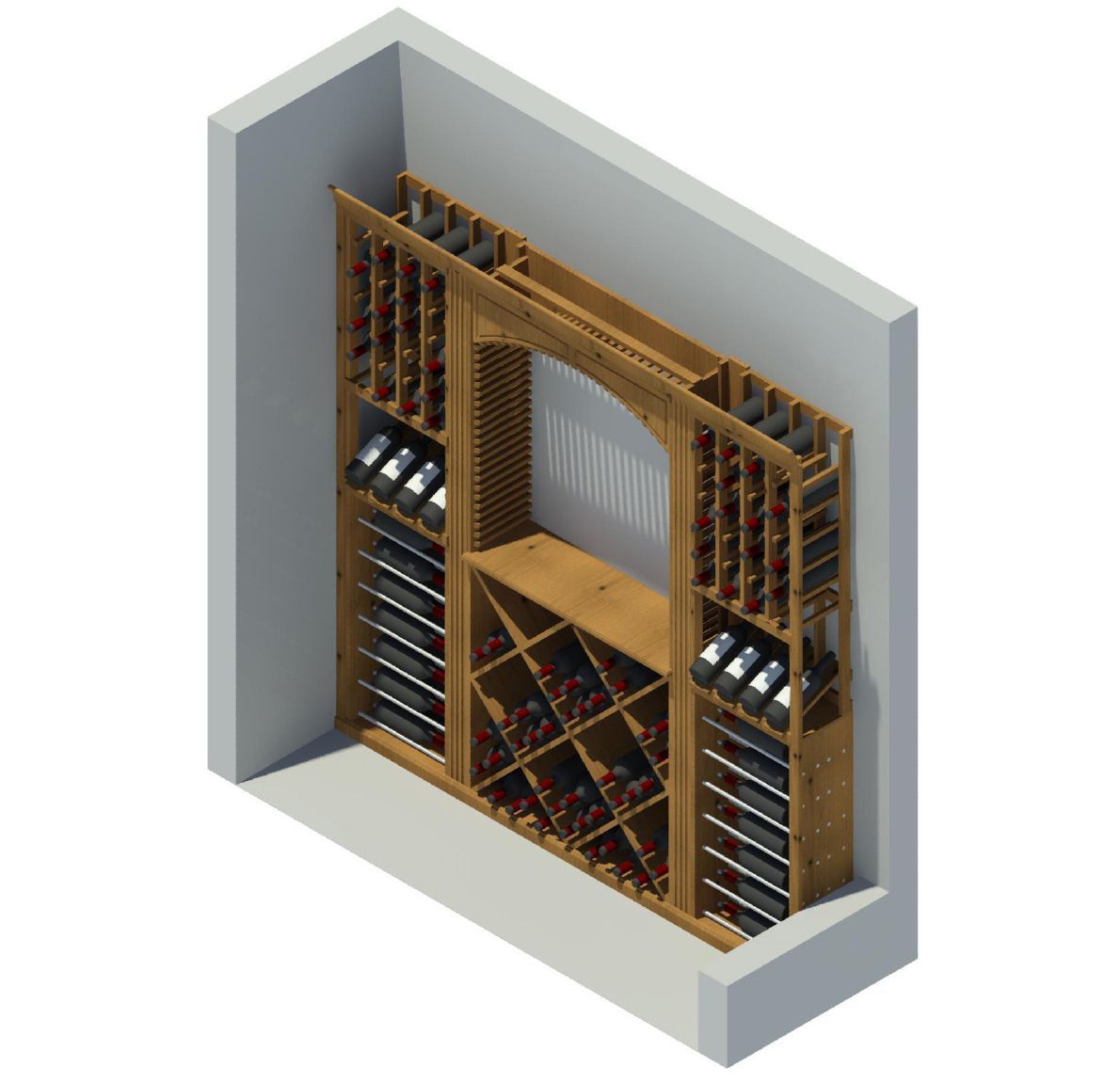 A 3d rendering of a wine cellar with bottles on shelves