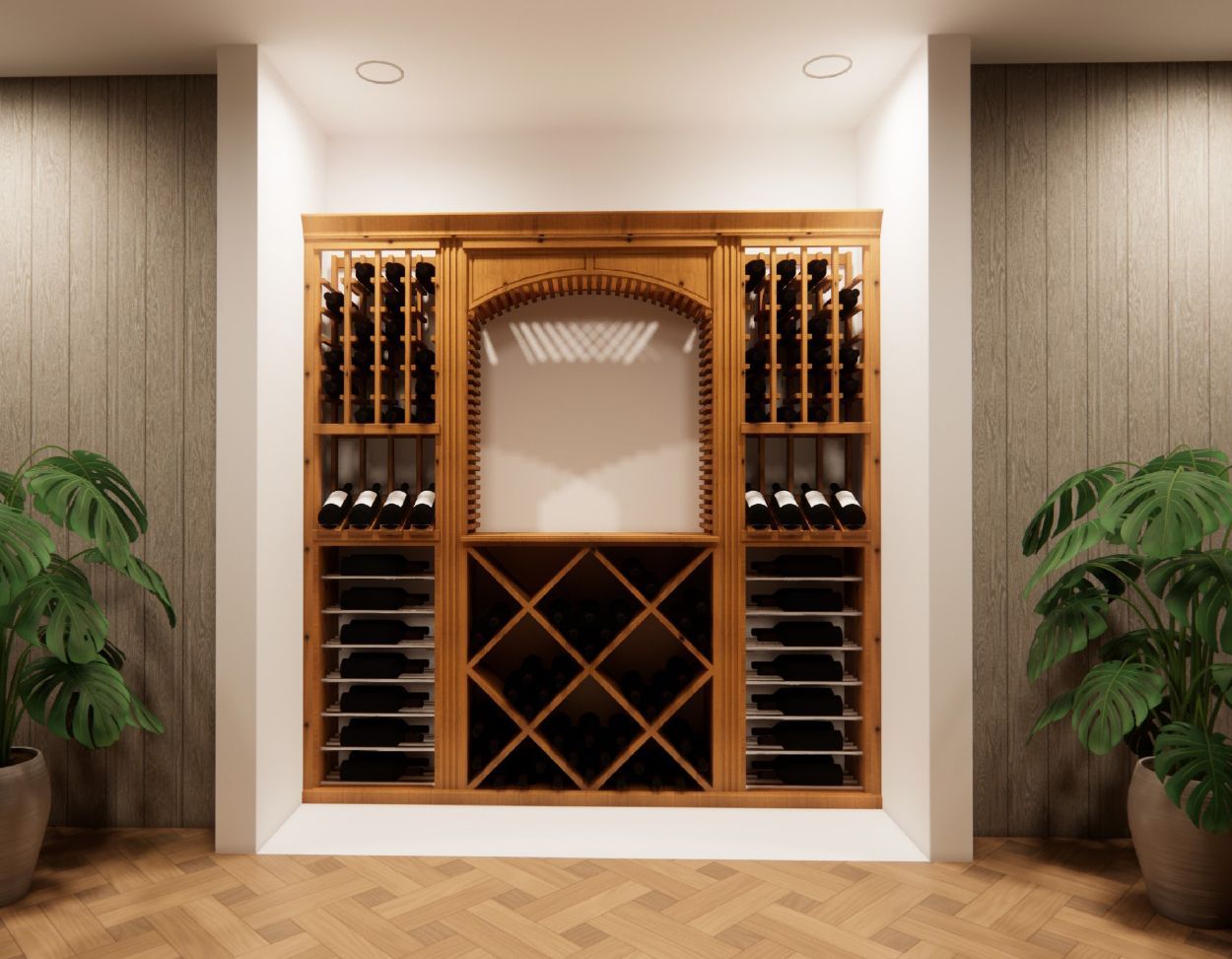 A wine cellar with a lot of bottles of wine in it.