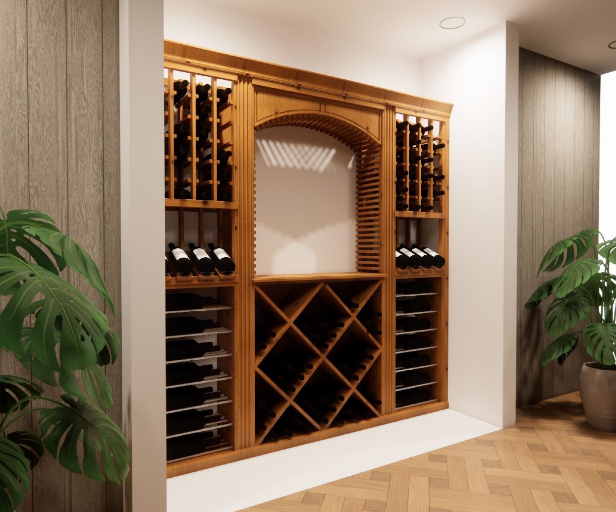 A wine cellar with a lot of wine bottles on shelves.