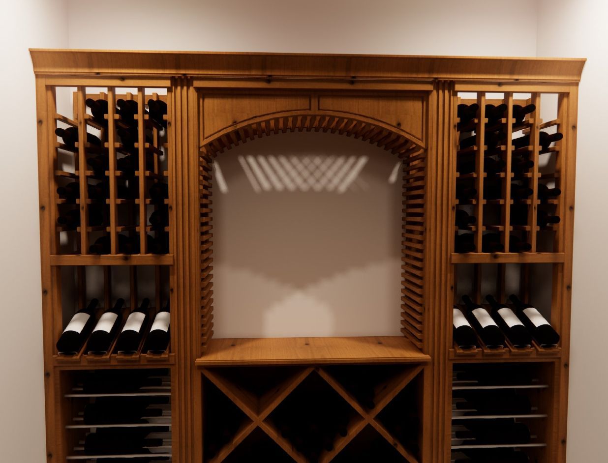 A wooden wine rack filled with bottles of wine.