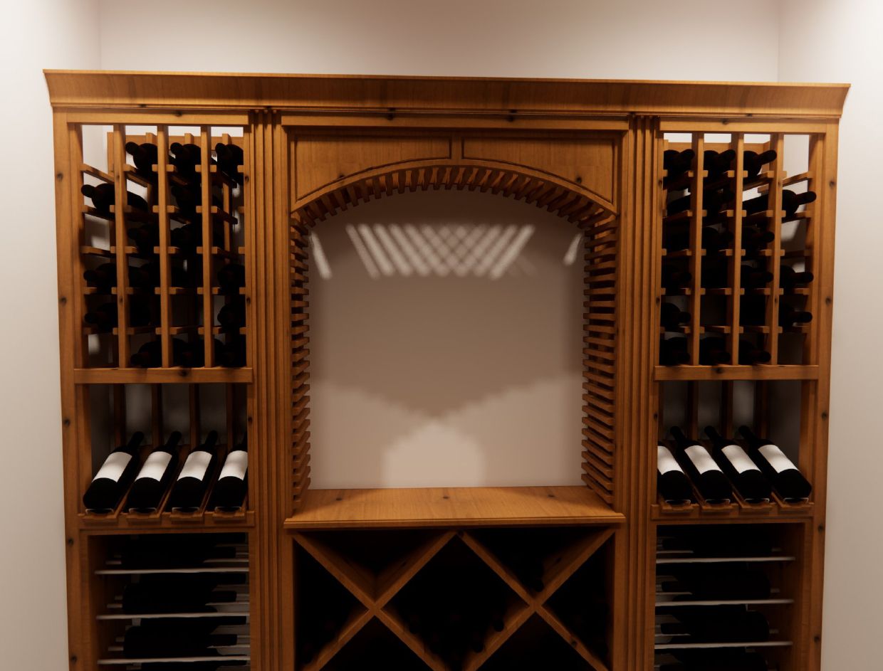 A wooden wine rack filled with bottles of wine