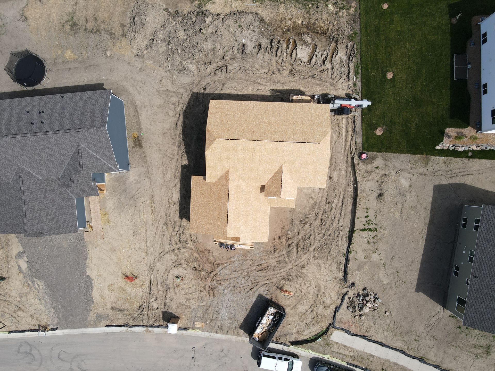 An aerial view of a house under construction