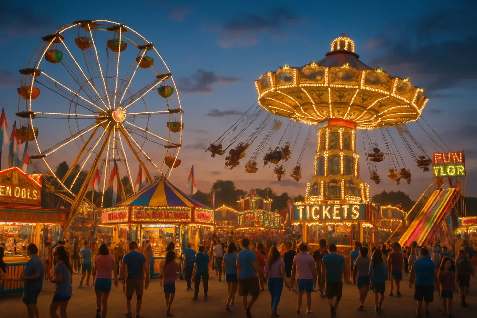 Night fair: Ferris wheel, swing ride, illuminated booths, and crowd of people.