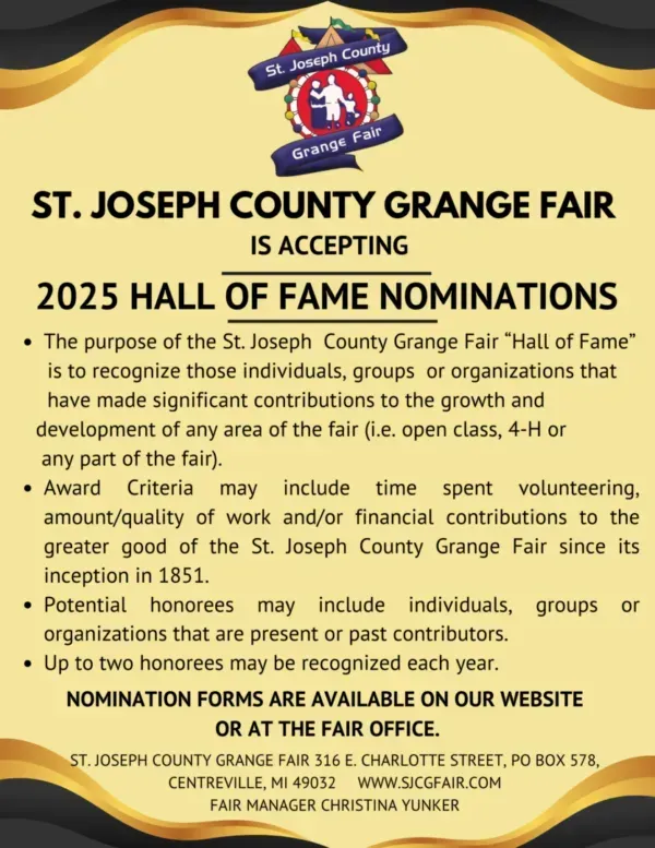 Poster for St. Joseph County Grange Fair seeking 2025 Hall of Fame nominations.