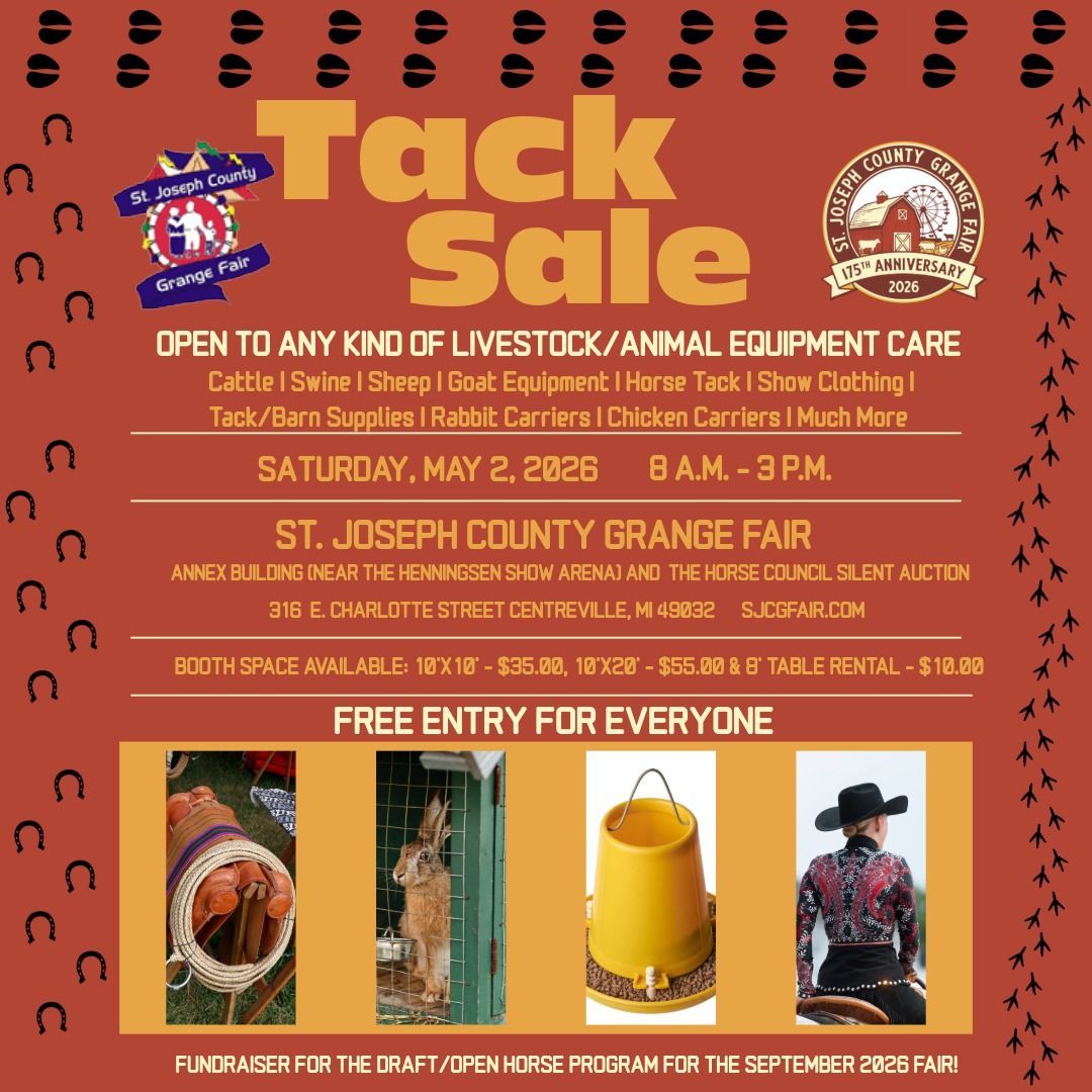 Poster for St. Joseph County Grange Fair: Garage Sale & Vintage Market on May 2nd, 2026. Includes various sales and a silent auction.