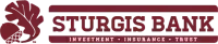 Logo of Sturgis Bank: a maroon oak leaf and acorn design, with 'STURGIS BANK' and 'INVESTMENT - INSURANCE - TRUST' in a rectangular block.