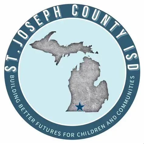 Logo of St. Joseph County ISD. Blue circle with Michigan outline and star, text: Building Better Futures for Children and Communities.